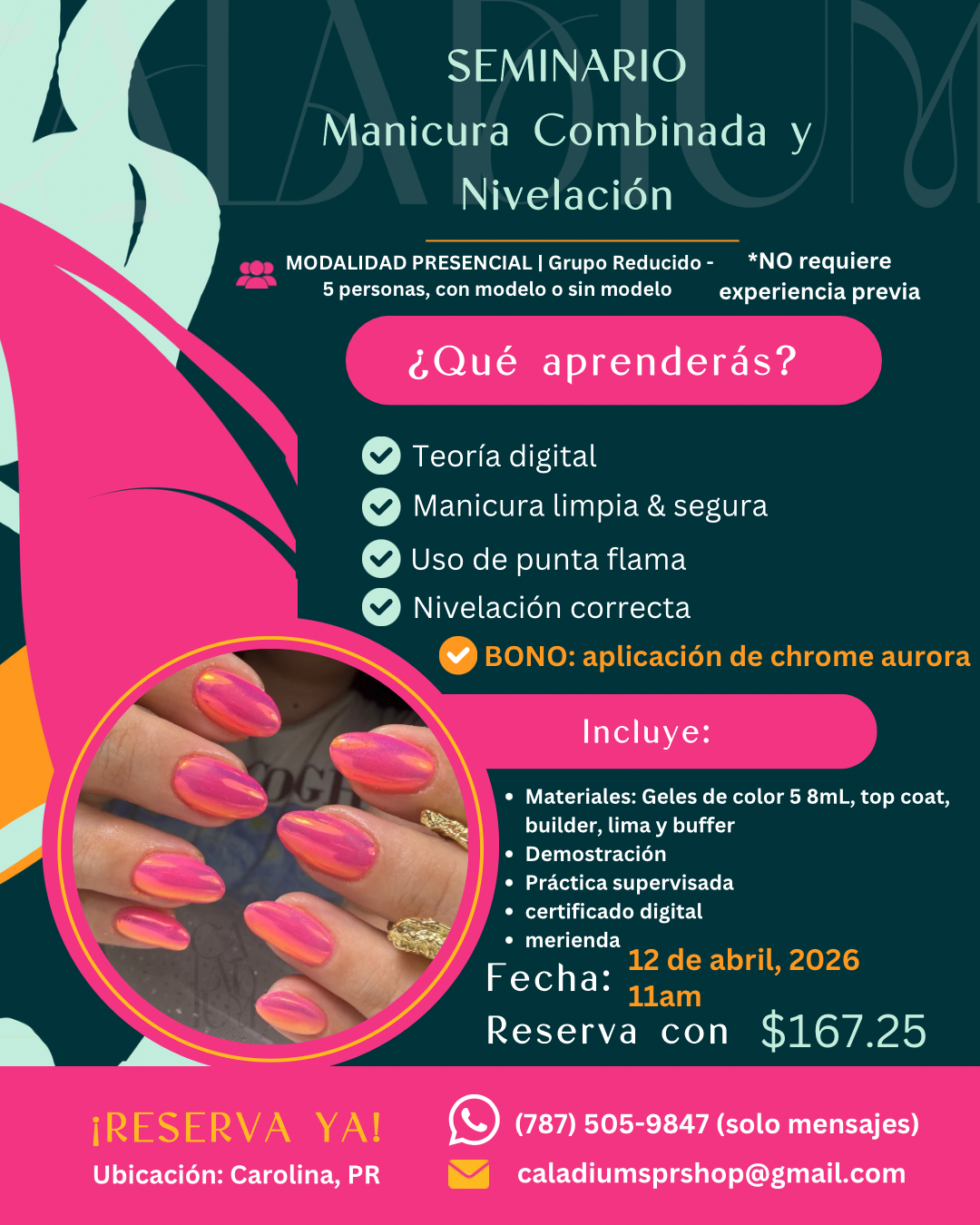 DEPÓSITO Seminario 12 de abril - Man. Combinaday nivelación BONO: chrome aurora (depósito $167.25 incluyendo impuestos)