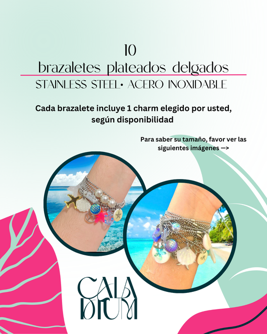 10 brazaletes plateados delgados