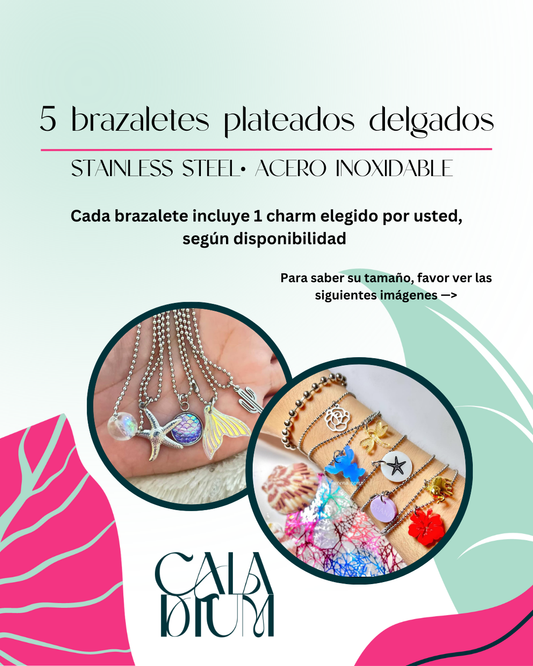 5 brazaletes plateados delgados